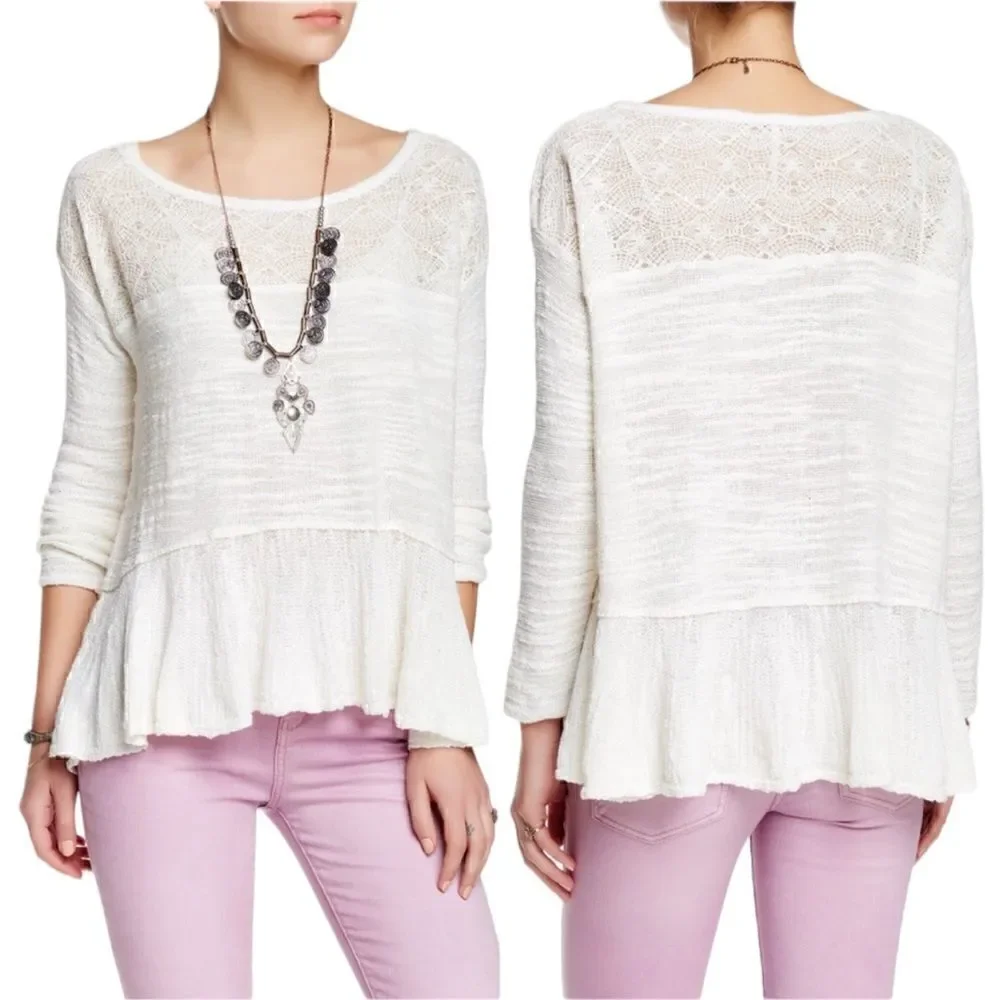 FREE PEOPLE Kristobel Ruffled Sweater, Cream, size Medium
